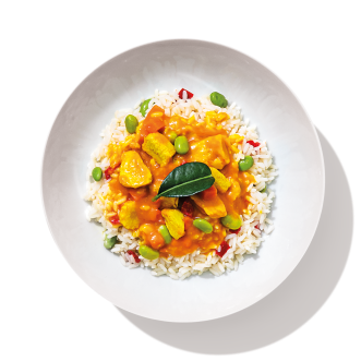 Vegane Curry Bowl mit Filetst&amp;#252;ckchen nach H&amp;#252;hnchen-Art, Reis und Gem&amp;#252;sen 380 gr.